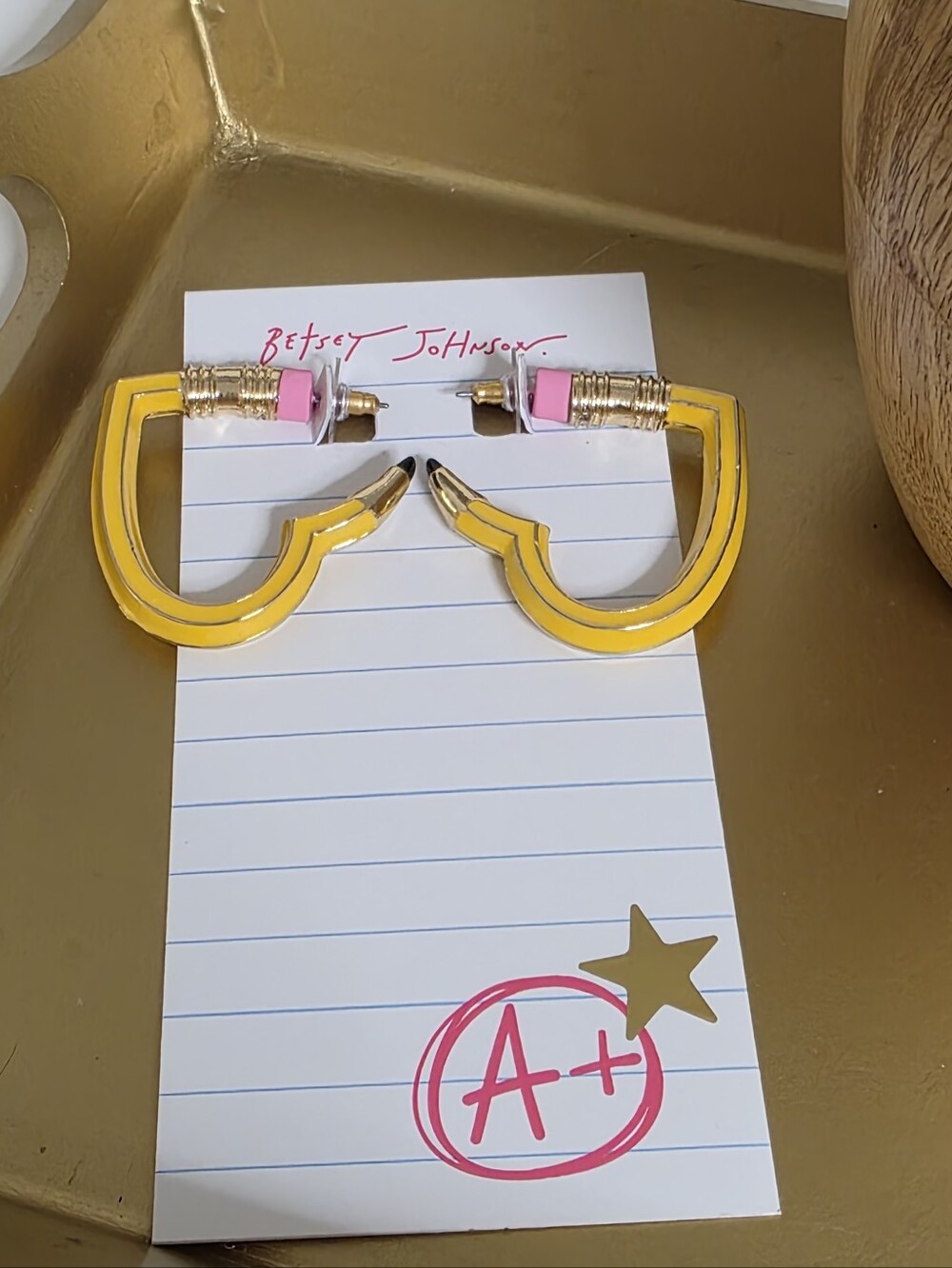 Betsey Johnson Yellow Pencil Hoop Earrings with Pink and Gold Accents